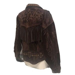 Vintage 80's No! Jeans Brown Suede Bomber Jacket with Fringe CowBoy Size L